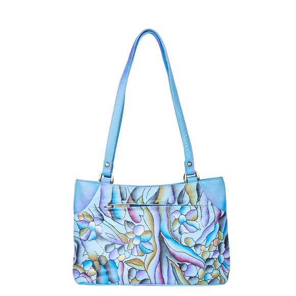 Hand-Painted Blue Abstract Artwork Ladies Leather Shoulder Tote Bag - Picture 2 of 7